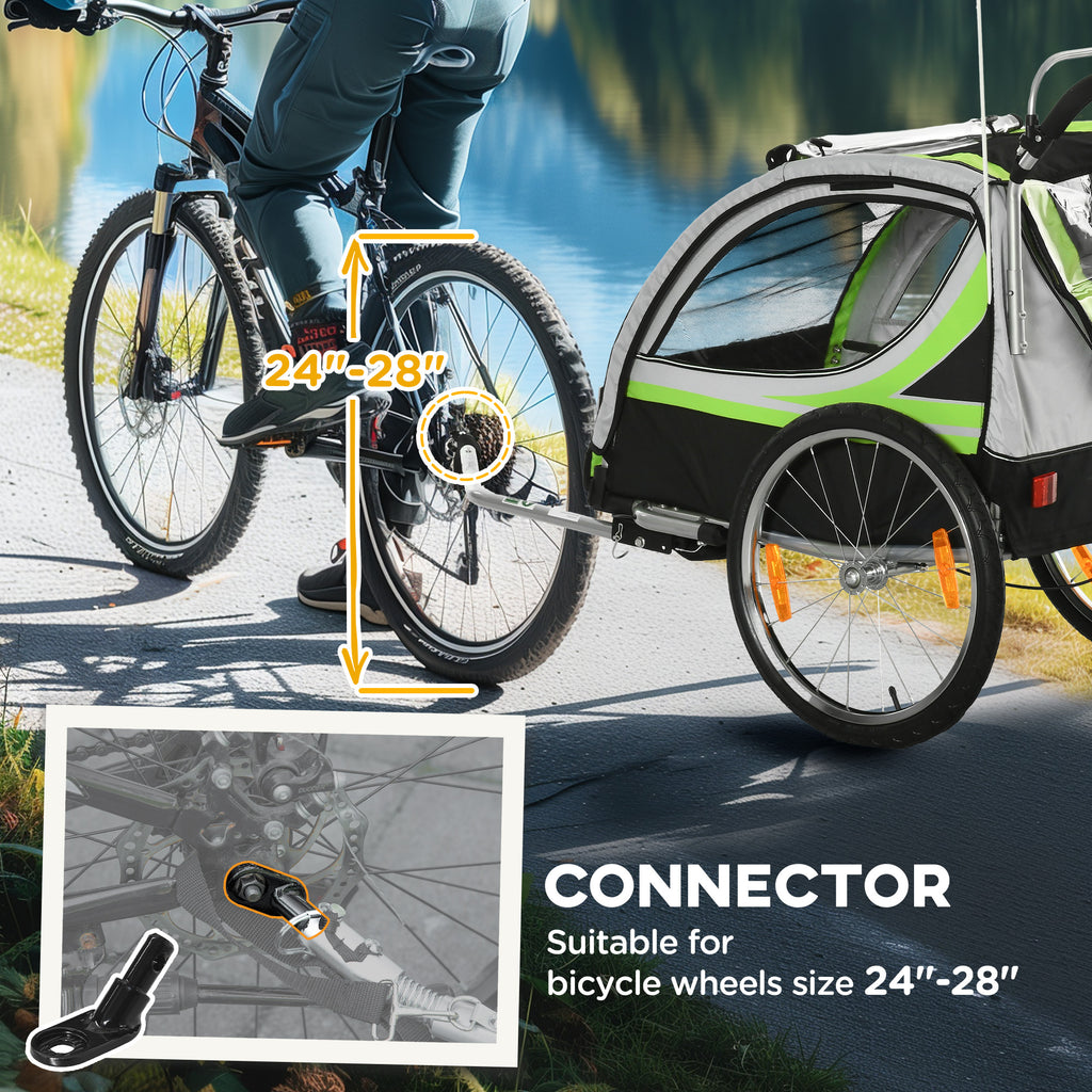 2-in-1 Walk/Ride Child Baby Bike Trailer for Kids 2 Seater, High-Visibility Bike Stroller for Toddler Wagon, Weather-Strong Double Bicycle Trailer Accessory for Kids, Green