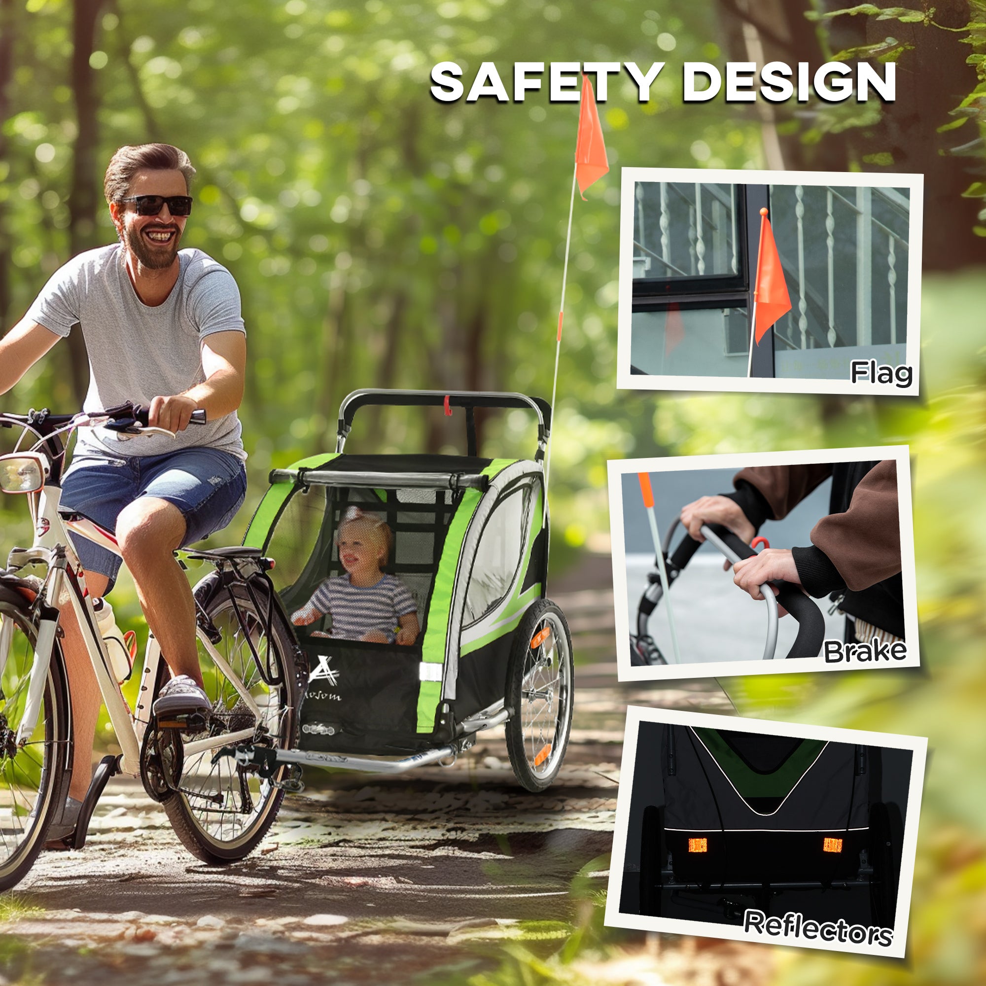 2-in-1 Walk/Ride Child Baby Bike Trailer for Kids 2 Seater, High-Visibility Bike Stroller for Toddler Wagon, Weather-Strong Double Bicycle Trailer Accessory for Kids, Green
