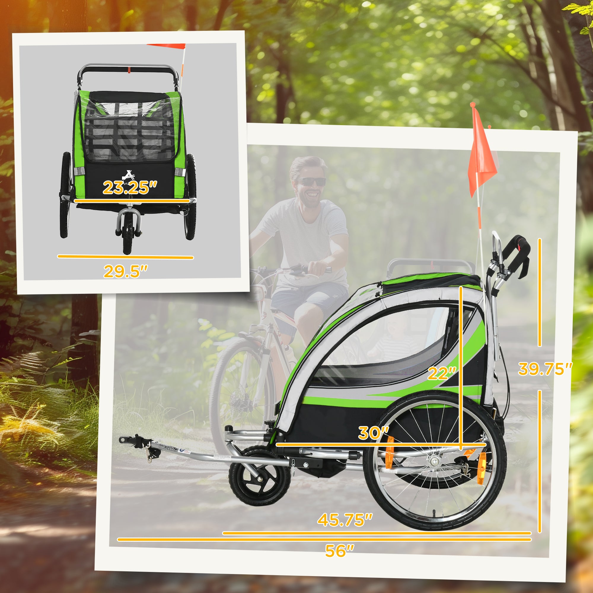 2-in-1 Walk/Ride Child Baby Bike Trailer for Kids 2 Seater, High-Visibility Bike Stroller for Toddler Wagon, Weather-Strong Double Bicycle Trailer Accessory for Kids, Green