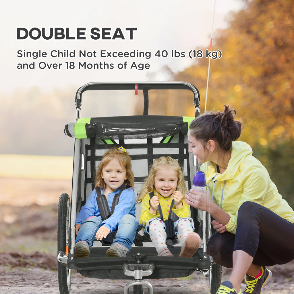 2-in-1 Walk/Ride Child Baby Bike Trailer for Kids 2 Seater, High-Visibility Bike Stroller for Toddler Wagon, Weather-Strong Double Bicycle Trailer Accessory for Kids, Green