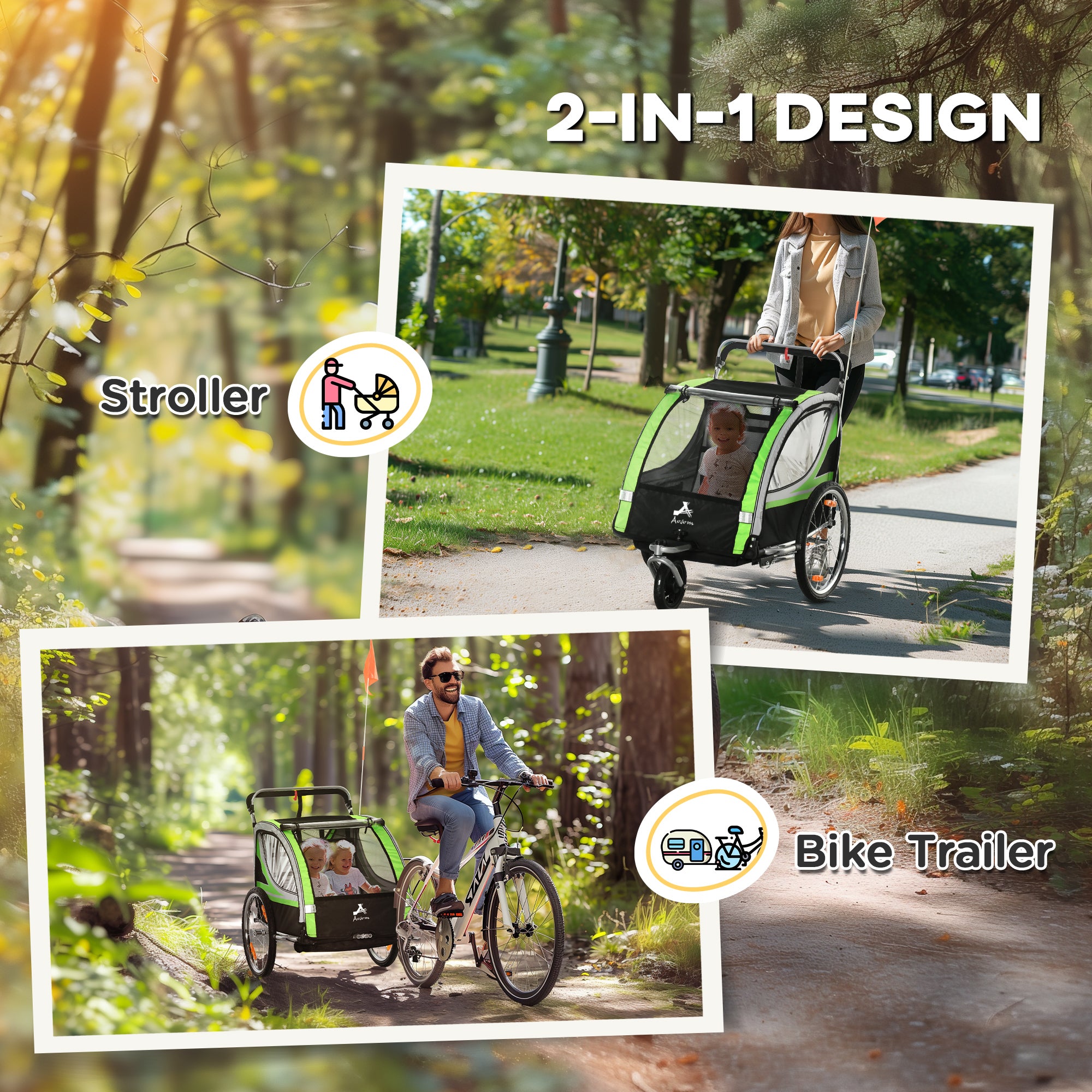 2-in-1 Walk/Ride Child Baby Bike Trailer for Kids 2 Seater, High-Visibility Bike Stroller for Toddler Wagon, Weather-Strong Double Bicycle Trailer Accessory for Kids, Green